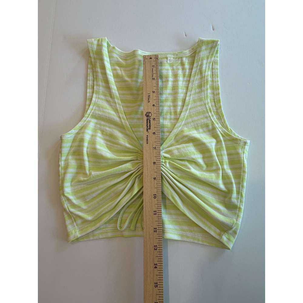 PacCares Eco Lime Green White Striped Ruched Tie Front Crop Tank Top Small - Picture 2 of 6